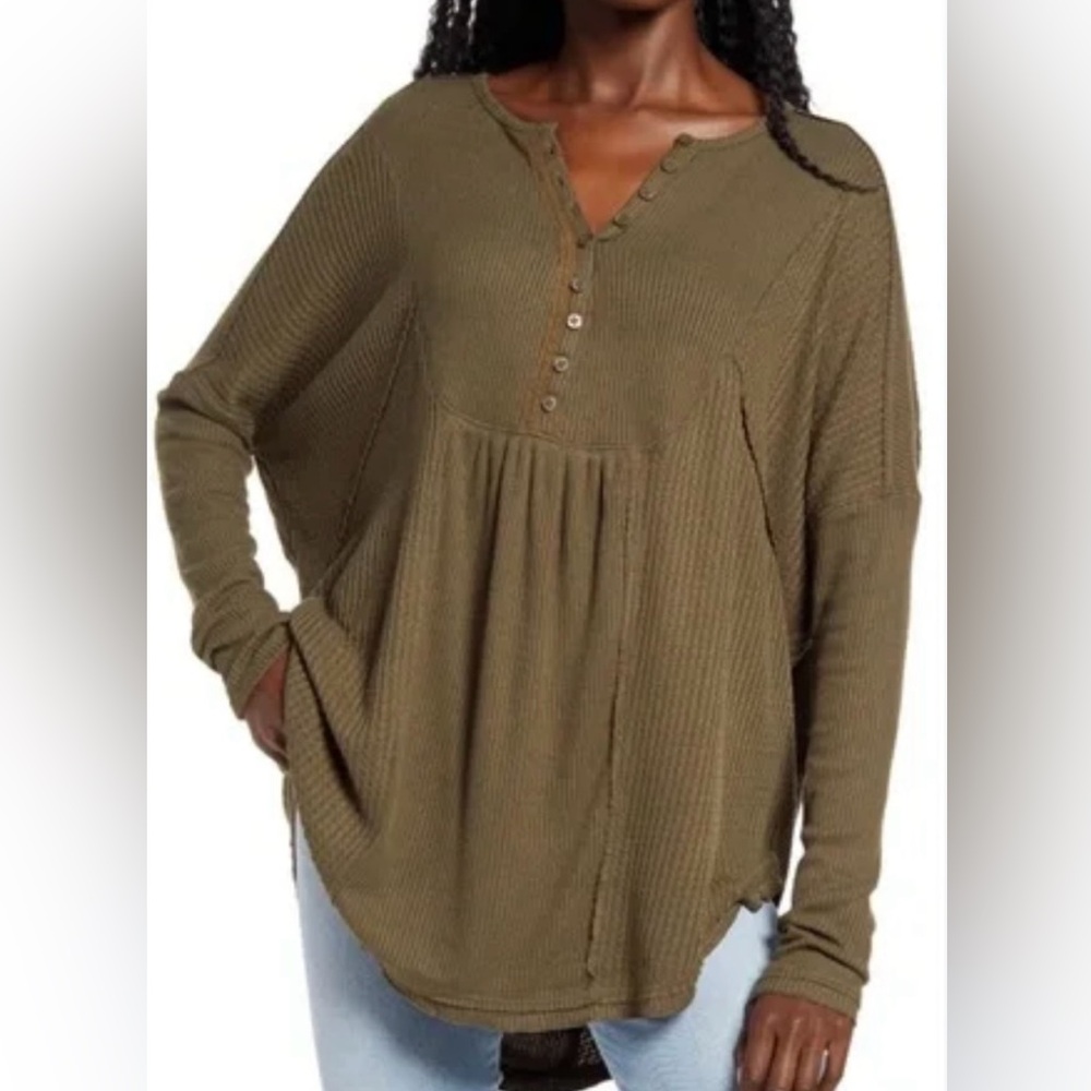 Free People Olive Green Leo Henley Thermal/Waffle Button Top size Small/Medium